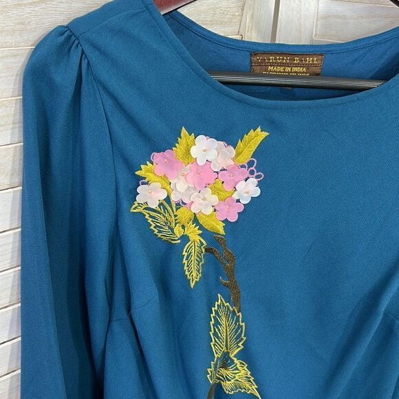 Anthropologie Varun Bahl Teal Hydrangea Swing Dress 2 - Picture 3 of 12